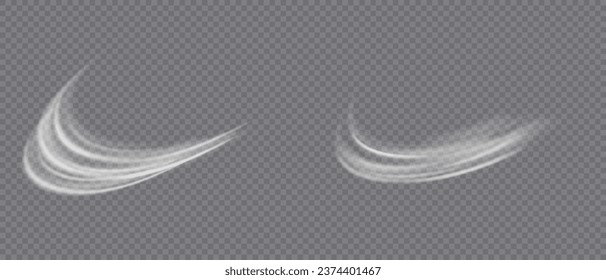 Flujo de aire, humos blancos o efecto de movimiento de brisa fría, aislado en un fondo transparente. Representación vectorial realista de corrientes de viento abstractas, movimientos de polvo o líneas de arañazos.