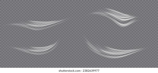 Flujo de aire, humos blancos o efecto de movimiento de brisa fría, aislado en un fondo transparente. Representación vectorial realista de corrientes de viento abstractas, movimientos de polvo o líneas de arañazos.