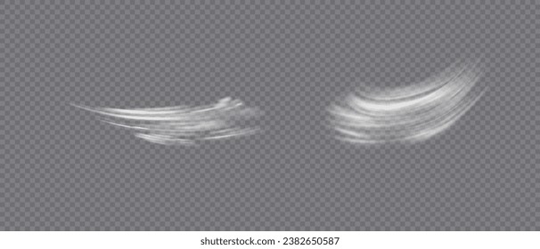 Airflow, white fumes or chilly breeze movement effect, isolated on a transparent background. Realistic vector depiction of abstract wind currents, dust movements or scratch lines.