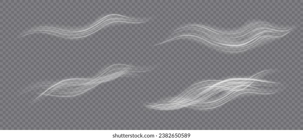 Flujo de aire, humos blancos o efecto de movimiento de brisa fría, aislado en un fondo transparente. Representación vectorial realista de corrientes de viento abstractas, movimientos de polvo o líneas de arañazos.