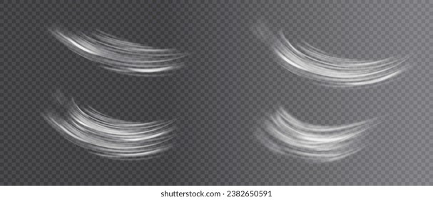 Flujo de aire, humos blancos o efecto de movimiento de brisa fría, aislado en un fondo transparente. Representación vectorial realista de corrientes de viento abstractas, movimientos de polvo o líneas de arañazos.