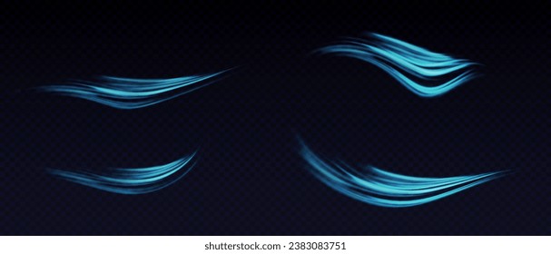 Flujo de aire, humos blancos o efecto de movimiento de brisa fría, aislado en un fondo transparente. Representación vectorial realista de corrientes de viento abstractas, movimientos de polvo o líneas de arañazos.