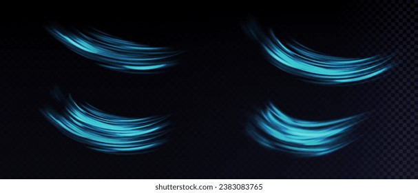 Flujo de aire, humos blancos o efecto de movimiento de brisa fría, aislado en un fondo transparente. Representación vectorial realista de corrientes de viento abstractas, movimientos de polvo o líneas de arañazos.