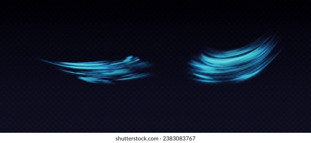 Flujo de aire, humos blancos o efecto de movimiento de brisa fría, aislado en un fondo transparente. Representación vectorial realista de corrientes de viento abstractas, movimientos de polvo o líneas de arañazos.