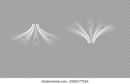 Flujo de aire, humos blancos o efecto de movimiento de brisa fría, aislado en un fondo transparente. Representación vectorial realista de corrientes de viento abstractas, movimientos de polvo o líneas de arañazos.