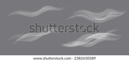 Airflow, white fumes or chilly breeze movement effect, isolated on a transparent background. Realistic vector depiction of abstract wind currents, dust movements or scratch lines.