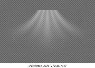 Fluxo de ar fluxo branco sobre fundo transparente com efeito de desvanecimento suave. Os feixes de luz se espalham para baixo criando um movimento de gradiente suave. Ilustração vetorial realista moderna.