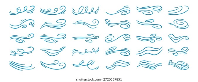 Fluxo de ar e linhas de vento definir coleção doodle ícone desenhado à mão. Contorno de desenho Brisa fluxo linha clipart símbolo. Ilustração vetorial
