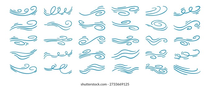 Fluxo de ar e linhas de vento definir coleção doodle mão desenhada ícone. Símbolo de clipart de linha de fluxo de brisa de desenho de contorno. Ilustração vetorial