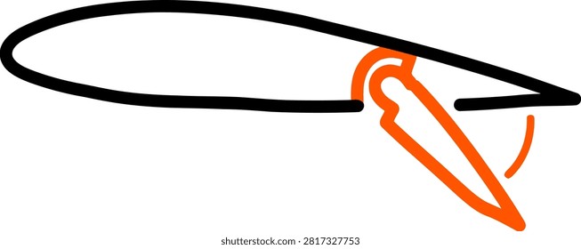 Airfoil cross section diagram with deployed orange flap control surface and hinge motion arc in black and orange minimalist hand drawn line art style