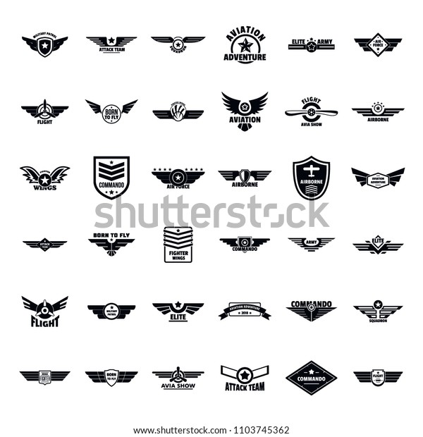 空軍の軍隊のバッジアイコンセット ウェブ用の36個の空軍軍のバッジのロゴベクター画像アイコンの簡単なイラスト のベクター画像素材 ロイヤリティフリー