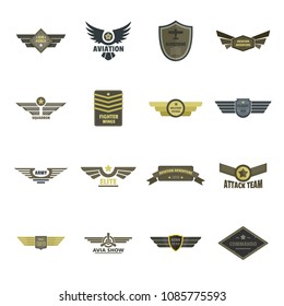 Airforce navy military logo icons set. Flat illustration of 16 airforce navy military logo vector icons for web