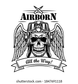 Airforce soldier skull vector illustration. Head of pilot in hat and goggles with wings, bullets, air born, all the way text. Military or army concept for emblems or tattoo templates