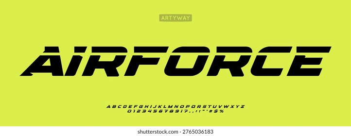 Airforce sports alphabet, sharp dynamic letters, bold speed font for racing competitive branding, aerodynamic headline, athletic typography, modern typographic design. Vector typeset.