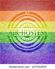 Air-hostess emblem on mosaic background with the colors of the LGBT flag