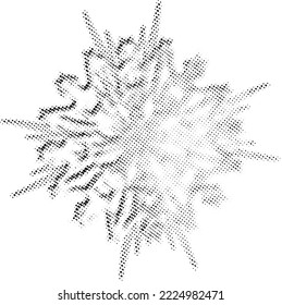 Airiness dotted halftone vector snowflake. Speakers, covered with beads, rays. Contour of polka dots, dots, spots, blots. The effect of snow, bulge.