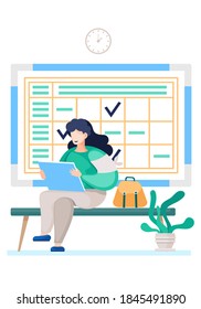 Airl with sheets of paper sitting in a work environment. Student prepares for her studies at a distance. Woman with schedule and watch on background. Female character sitting with portfolio or album