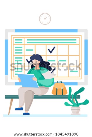 Airl with sheets of paper sitting in a work environment. Student prepares for her studies at a distance. Woman with schedule and watch on background. Female character sitting with portfolio or album