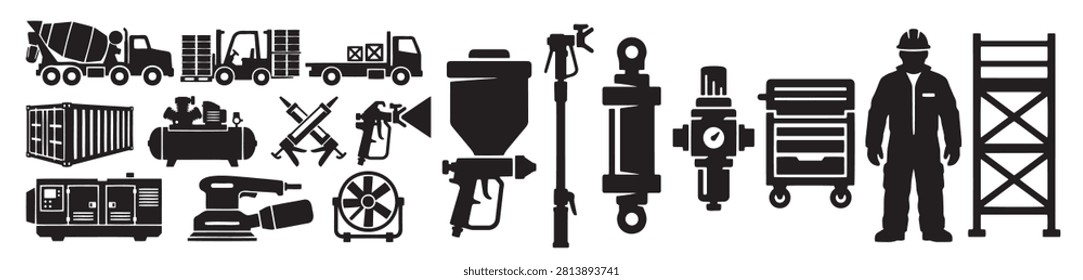 Airless Paint Sprayer Machinery Vector Silhouette Bundle - Commercial Painting Tool Icon Pack - Industrial Coating Contractor Template Collection

If you want to create highly professional marketing layouts or branding assets for industrial contracting companies, this comprehensive collection of commercial painting silhouettes is the ideal setup for your workshop portfolio. We have packed this extensive bundle with everything that represents professional surface coating and heavy contractor work, featuring solid black vector shapes of airless paint sprayer carts, hand-held spray guns, industrial fluid hoses, pressure pots, paint buckets, dual-diaphragm pumps, electric motors, hose reels, and spray tip guards. The layout also integrates essential industrial machinery including cement mixers, forklifts, shipping containers, generators, air compressors, hand trucks, material carts, oil barrels, scaffolding towers, and professional painter worker silhouettes wearing safety helmets and respirators while holding spray equipment.

Every single tool and heavy equipment shape in this graphic compilation is carefully structured with sharp contours and flat solid configurations to ensure seamless scalability. It works beautifully as a high-converting template layout for digital creators and small contracting print shops looking to build clean commercial logos, custom painter work uniform shirts, custom vinyl decals for service trucks, spray booth workshop window signs, or commercial print on demand industry tournament merchandise without dealing with messy node errors or overlapping paths.