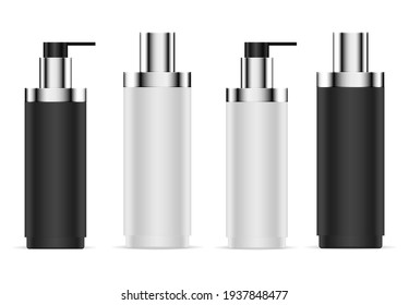 Airless pump bottle. Cosmetic serum container. 3d can fir foundation cream. Moisturizer dispenser bottle. Realistic cosmetic essence packaging with pump cap. Body oil flacon, skin lotion treatment