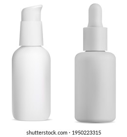 Botella de bomba sin aire. lata de suero cosmético. Modelación del tubo de espuma blanca, dispensador transparente para brillo o base de maquillaje. Flacon de plástico blanco para líquido de cuidado facial, caja 3d. Frasco de crema hidratante pequeño