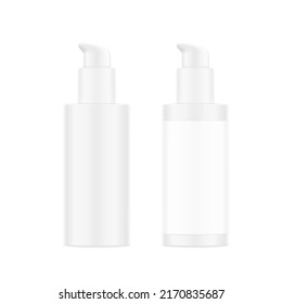 Airless pump bottle with label mockup isolated on white background. Vector illustration. Сan be used for cosmetic, medical and other needs. Symmetrical lighting scheme. EPS10.	