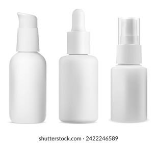 Airless pump bottle. Mist spray package mockup. Cosmetic serum dispenser with glass cap. Face foundation base product bottle design. Cleanser toner essence container, vector template