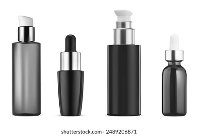 Airless serum bottle mockup. Cosmetic essence dropper flask. Face skin care beauty product design. Silver lid pump packaging for hair oil or shampoo. Dispenser bottle template, skin hygiene