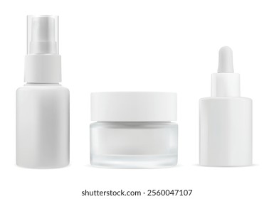 Airless spray, cream jar, serum dropper, cosmetic bottles set, vector mockup. Face skin care serum flacon. Moisturizer essence dispenser flask. Round blush powder jar mockup