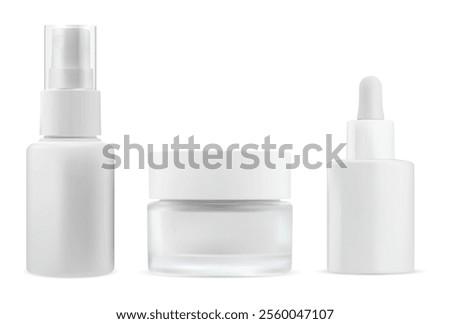 Airless spray, cream jar, serum dropper, cosmetic bottles set, vector mockup. Face skin care serum flacon. Moisturizer essence dispenser flask. Round blush powder jar mockup