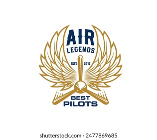 Icono de la aviación aérea y aérea con alas doradas y hélice central, flanqueado por el texto leyendas aéreas y mejores pilotos, lo que significa excelencia en la aviación. Emblema de Vector aislado en estilo clásico