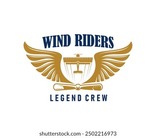 Airline and aircraft aviation icon with golden wings, biplane and propeller, flanked by the text wind riders and legend crew, signifying excellence in aviation. Isolated vector emblem in classic style