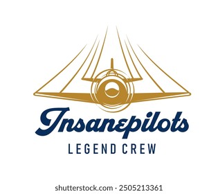 Airline and aircraft aviation icon for insane pilots legend crew. Vector label with golden plane with propeller and bold classic typography symbolizing flight tradition and sense of airborne adventure