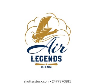 Airline and aircraft aviation icon. Isolated vector air legends emblem with vintage biplane ascending through stylized clouds, in blue and gold palette, with elegant script evoking a sense of heritage