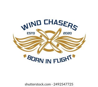 Airline and aircraft aviation icon for wind chasers. Vector label with golden propeller and wings, symbolizing flight, classic bold typography conveying tradition and sense of piloting adventure