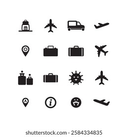 airline airplane aircraft plane transport clipart icon set silhouette vector flat design