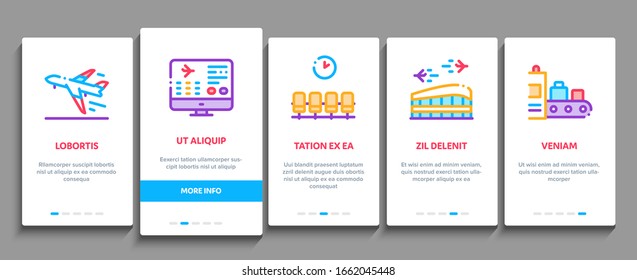Airline And Airport Onboarding Mobile App Page Screen Vector. Airline Worldwide Direction And Ticket, Pilot And Stewardess, Airplane And Calendar Linear Pictograms. Color Contour Illustrations