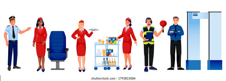 Airline And Airport Staff Team, Isolated On White Background. Vector Illustration. Men And Women Professional Aviation Workers. Pilot, Stewardess, Security Officer, Flight Dispatcher Characters Set