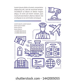 Airline article page vector template. Tourism and travel. Brochure, magazine, booklet design element with linear icons and text boxes. Print design. Concept illustrations with text space