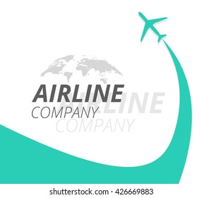 Airline Banner With Turquoise Plane And Airplane Stream Jet. Airline Company Logotype With World Map.