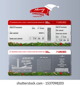 Airline boarding pass or air ticket design template with christmas or new year holiday concept. Vector illustration.