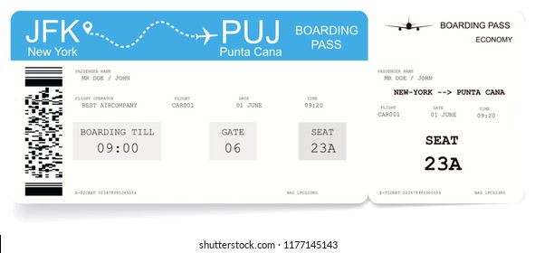 Airline boarding pass or airplane ticket. Pattern of boarding pass for flight from New-York to Punta Cana. Concept of travel to ocean or sea. The boarding pass contains fictitious data in the text