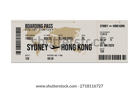 An airline boarding pass displaying flight details from Sydney to Hong Kong, dated January 1, 2025.