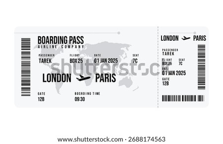 Airline boarding pass featuring flight from London to Paris with passenger name, flight number and boarding time on white isolated background.
