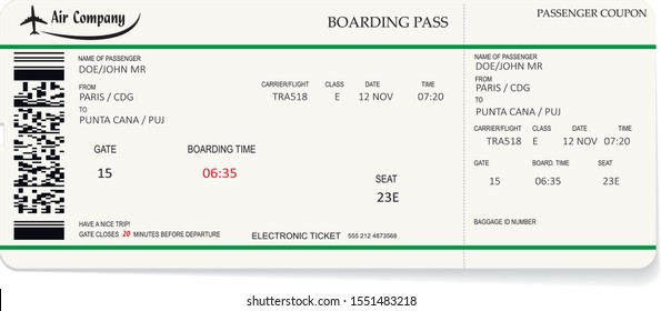 Airline boarding pass. Green ticket isolated on white background. Vector illustration