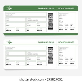 Airline boarding pass. Green ticket isolated on white background. Vector illustration