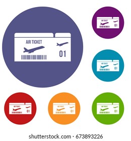 Airline boarding pass icons set in flat circle reb, blue and green color for web