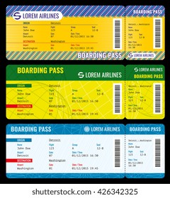 Airline boarding pass modern tickets vector mockup. Ticket template to charter plane, pass boarding ticket travel illustration