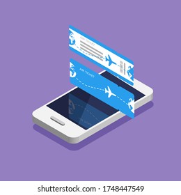 Airline boarding pass and smartphone in isometric trendy style. Book airplane seat online by app. Front and back side tickets. Vector illustration.