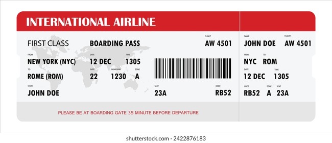 Airline boarding pass template design. Plane ticket. Airport, plane pass document. Vector illustration